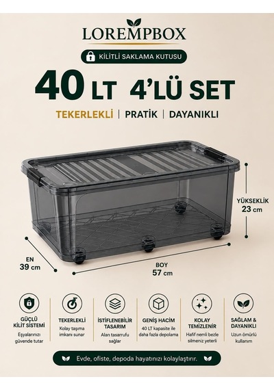 Lorempbox 40 L Tekerlekli Kilitli Saklama Kutusu 4'lü Set Antrasit Diğer