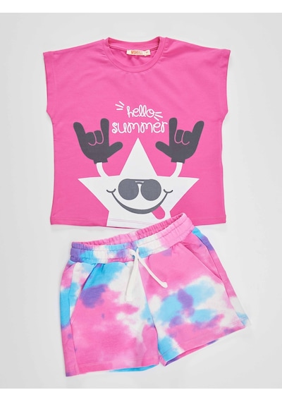 Denokids Mshb&g Yıldızlı Batik Kız Çocuk T-shirt Şort Takım Çok Renkli