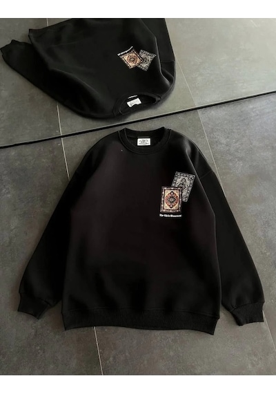 Kadın Bisiklet Yaka Kilim Halı Baskılı 3 İplik Pamuklu Sweatshirt - Siyah