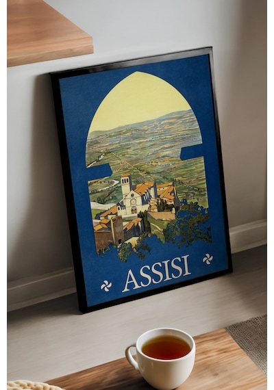 Assisi Siyah Ahşap Çerçeveli Poster, Dekoratif Seyahat Duvar Tablosu