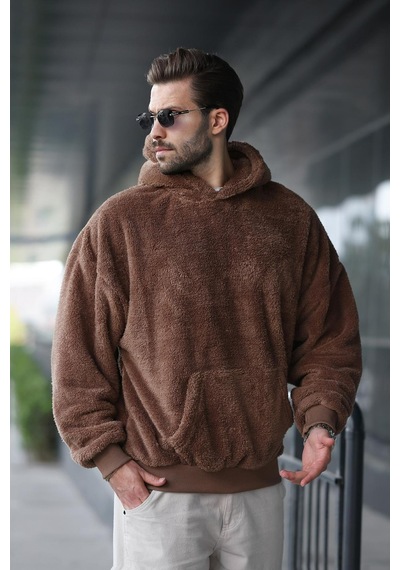 Madmext Kahverengi Peluş Kapüşonlu Erkek Sweatshirt 6050 Kahverengi