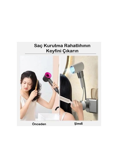 Ayarlanabilir Eller Serbest Saç Kurutma Makinesi Tutucu Pratik Banyo Organizeri- Delme Gerektirmez Gri
