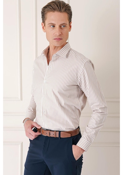 Efor Slim Fit Dikine Çizgili %100 Pamuk Klasik Bej Beyaz Gömlek Gk 721 Bej