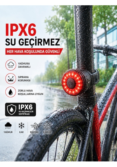 Kenly Akıllı Bisiklet Arka Stop Lambası Fren Sensörlü Type-c Şarjlı Ipx6 Su Geçirmez Led Arka Işık Siyah