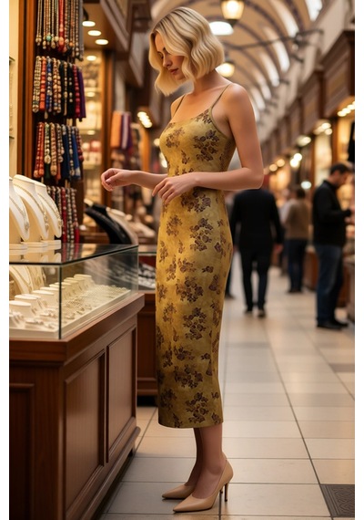 Benerly Kadın İnce Askılı Kare Yaka Çiçek Desenli Bodycon Midi Esnek Örme Yeşil