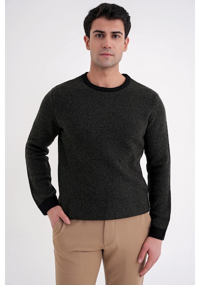 Slim Fit Renkli Ribanalı Siyah Haki Yünlü Bisiklet Yaka Triko Kazak Tr 890 Siyah-haki