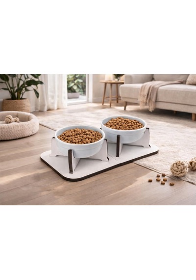 Kedi Köpek Mama Kabı, Ahşap Ayrılabilir Tabanlı 2'li Mama Ve Su Kabı Seti Kaymaz Stand, Hijyenik Kaseler, Minimal Tasarım, Seramik Kase Mavi Seramik