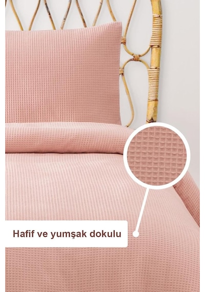 Waffle Tek Kişilik Pike Seti Pudra 160x220 Cm Çok Renkli