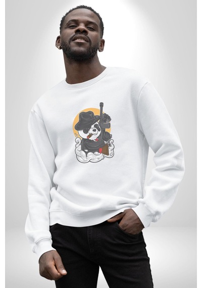 Gangster Panda Unisex Beyaz Baskılı Sweatshirt Beyaz