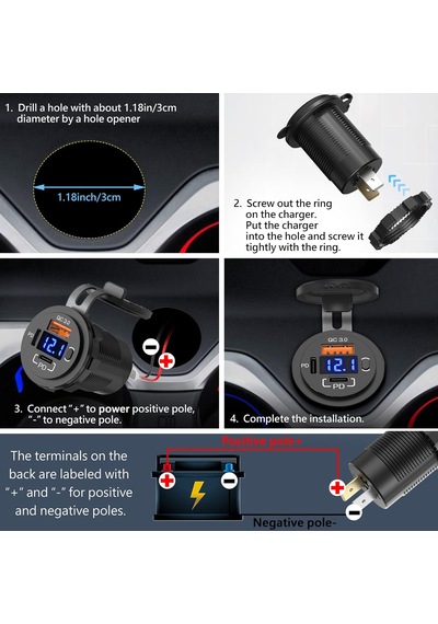 Mellifera Bir Usb Type-a Ve Bir Usb Type-c Şarj Cihazı Voltmetreli - On-off Anahtarlı - Mavi Işıklı