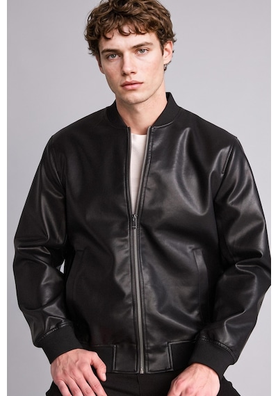 Defacto Slim Fit Kolej Yaka Ribanalı Fermuarlı Suni Deri Bomber Mont Y5367az26aubk27 Siyah-bk27