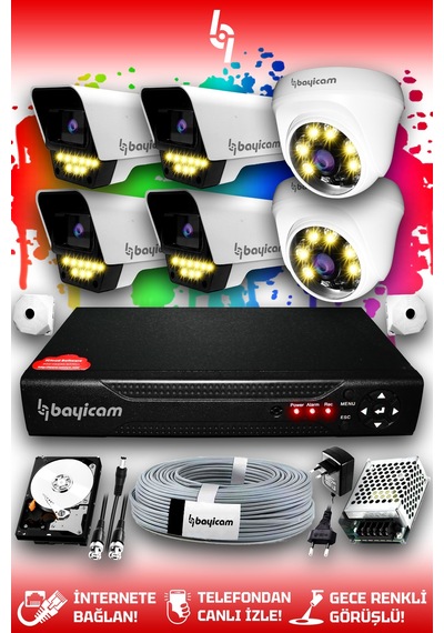 Bayicam 6 Kameralı Süper 2 İç Kamera Set 500 GB 5 MP 2K Renkli Gece Görüşlü Güvenlik Kamerası Sistemi
