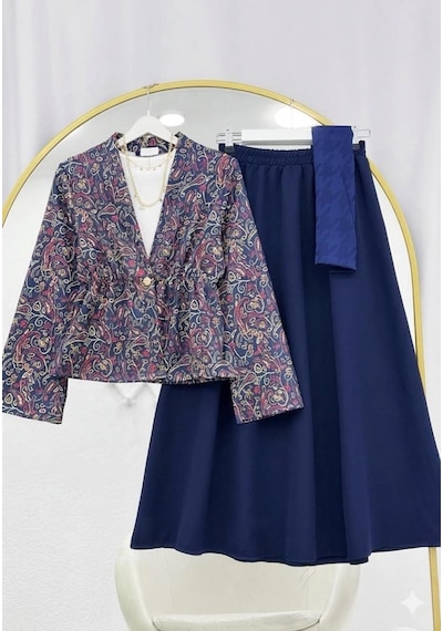 Lovie Moda Kadın Bohem Desenli Etekli Takım - Lacivert