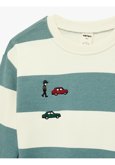 Koton Uzun Kollu Bisiklet Yaka Nakışlı Pamuklu Çizgili Sweatshirt Mavi Çizgili 6smb10112tk Mavi