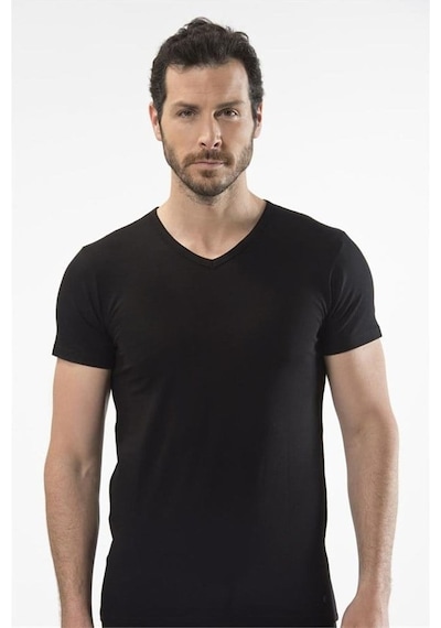 Cacharel 1402 V Yaka Erkek T-shirt - Siyah Siyah