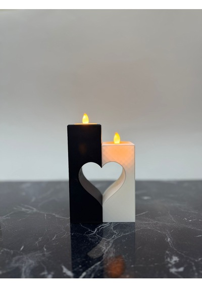 Kalp Detaylı İkili Led Tealight Mumluk Siyah Beyaz Romantik Dekoratif Set
