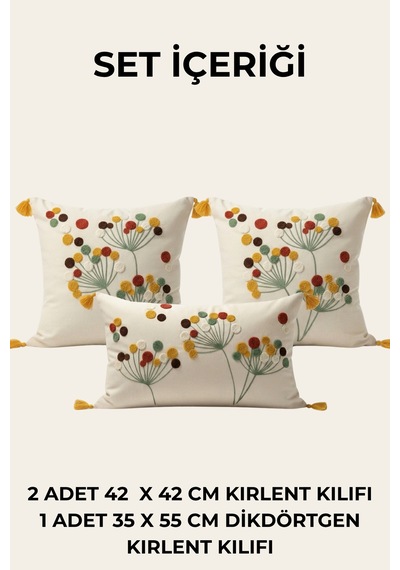 Polen Flora Punch Nakışlı 3'lü Dekoratif Kırlent Kılıfı Seti 2 Adet 42x42 Cm + 1 Adet 35x55 Cm Bej