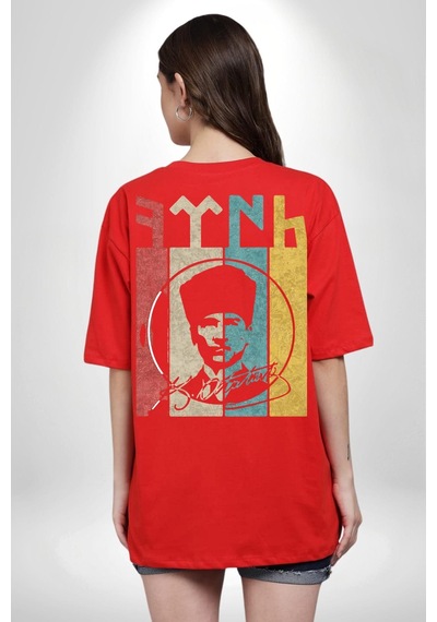 Atatürk İmzalı Türk Logo Kırmızı Oversize Unisex Ön Ve Sırt Baskılı Tişört Kırmızı