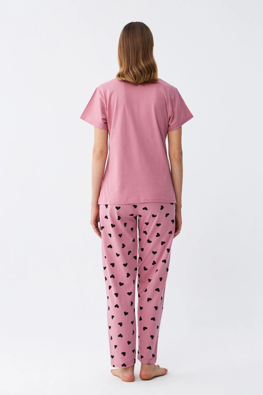Akbeniz Kadın Somon Kalp Desenli Kısa Kollu Penye Pijama Takımı Pembe