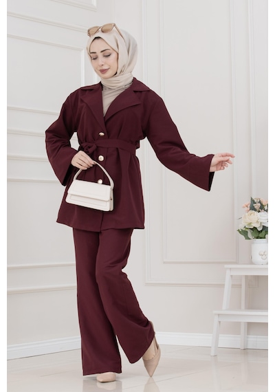 Kemerli Düğme Detaylı İkili Takım-bordo-5693 Bordo