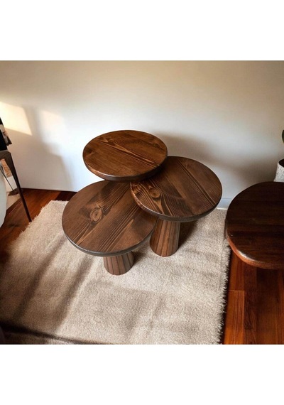 Wood Wooden Ahşap 3 Lü Set Fitilli Mantar Yan Sehpa Modern Kestane Renk Fiskos Kahverengi