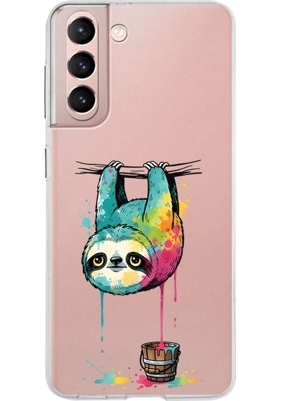 Samsung Galaxy S21 İle Uyumlu Splash Tembel Hayvan Tasarımlı Şeffaf Silikon Kılıf Şeffaf