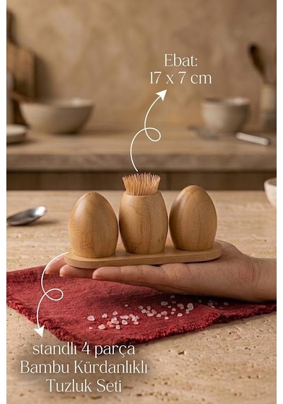 Atbyhome Standlı 4 Parça Bambu Tuzluk Biberlik Kürdanlık Seti 17x7 Cm - Masa Üstü Baharatlık Takımı
