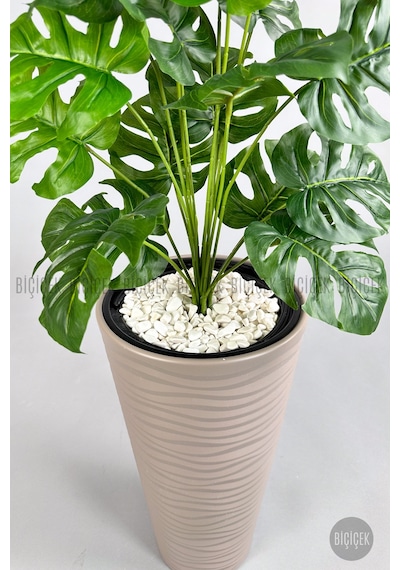 Biçiçek Yapay Monstera Deve Tabani Bi̇tki̇si̇ 130 Cm Mocha Kumsal Saksıda