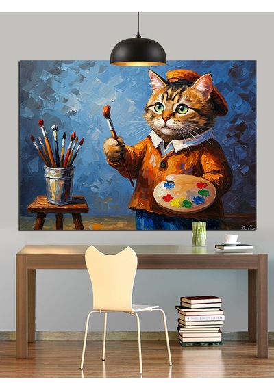 Ressam Kedi Fırça Tutuyor Dekoratif Kanvas - Mdf Ahşap Tablo