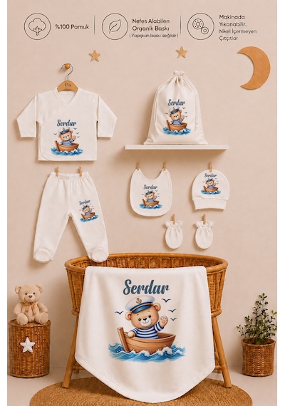 Pia Baby Erkek Bebek Hastane Çıkışı Hediye Seti 8 Parça Zıbın Set %100 Pamuk Battaniye Yastık Ve Kese 1102zybk0x Ekru