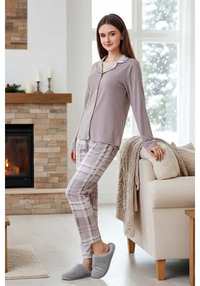 Remsa Kadın Desenli Önü Düğmeli Yumuşak Milan Kumaş Pijama Takımı 250374 Koyu Vizon Koyu Vizon