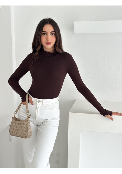 Kadın Yarım Balıkçı Yaka Parmak Geçmeli Full Likralı Buzz Body Kahverengi