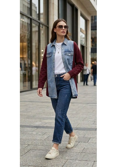 Stormwear Çift Kumaş Detaylı Taşlı Denim Gömlek Bordo