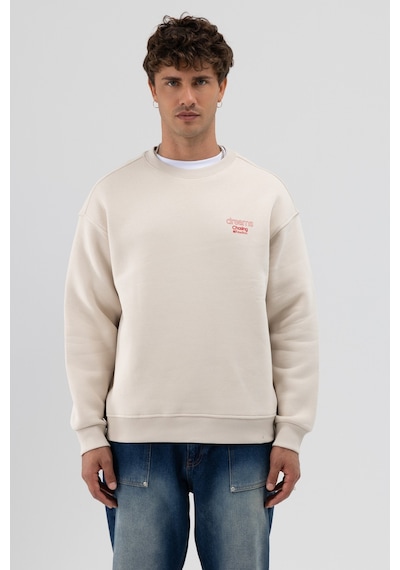 Vamos Oversize Bisiklet Yaka Baskılı Sweatshirt Taş