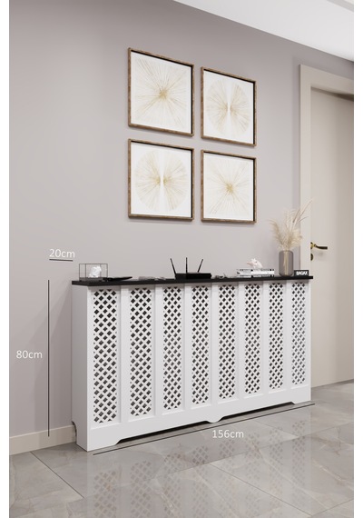 Petek Kaplama Modern Radyatör Kapatma Ünitesi Ön Panel Mdf Tasarım İç Ölçü 156 Cm Dış Ölçü 160 Cm Petek 156 Beyaz Üstü Siyah D7