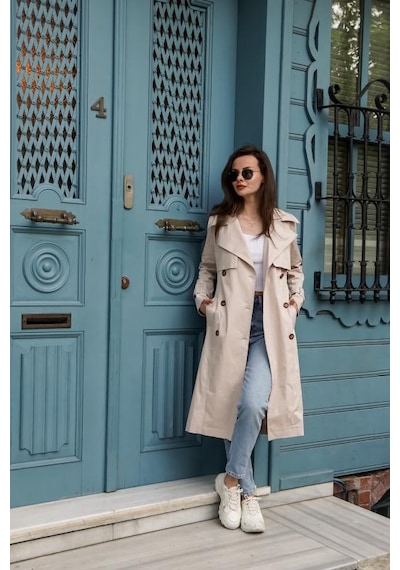 Pastelastore Esnek Pamuk Gabardin Uzun 110cm Astarsız Kadın Trençkot 1117 Taş Rengi Taş