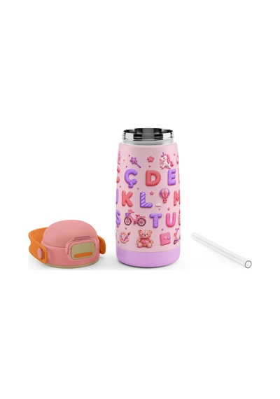 Puccon 420 Ml Kız Çocuklar İçin Alfabe Harfler Baskılı Çelik Matara Termos Suluk - 60018 Pembe - Mor