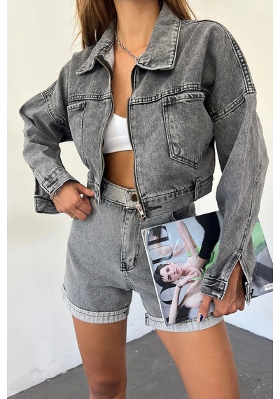 Koyu Antrasit Çift Cepli Fermuarlı Yıkamalı Crop Denim Ceket Bcdf-235410 Çok Renkli