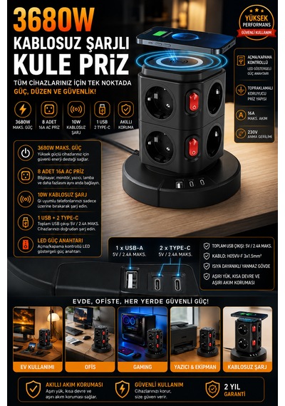 3680w Akım Korumalı Kule Priz 8 Ac Priz 1 Usb 2 Type-c Çoklu Priz Ev Ofis Kullanımı