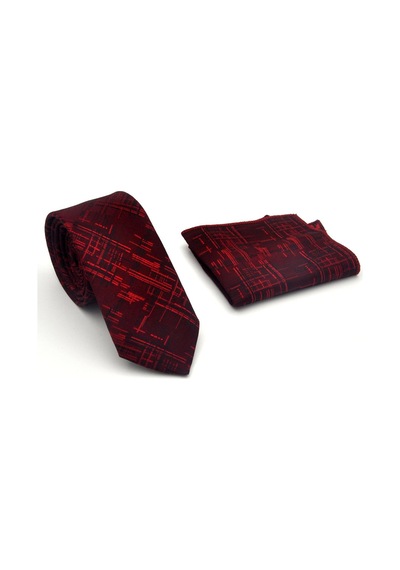 Gaffy Siyah Kırmızı Kırcıl Desenli Bordo Dokuma Kumaş Mendilli Slim Fit Kravat // Sdk-2611-4 Bordo