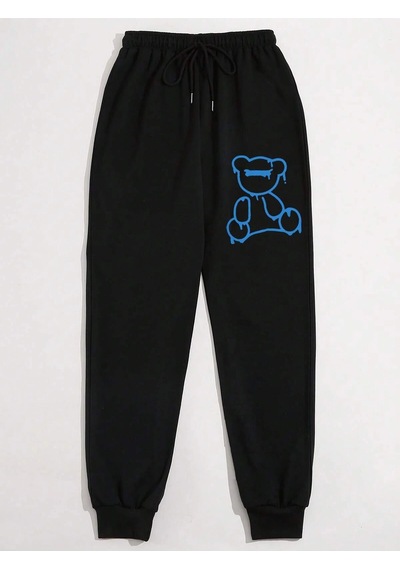 Bear Print Drawstring Waist 4 Mevsim Eşofman Siyah