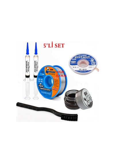 Lehimleme Seti 0,8 Mm 40 Gr Lehim Teli 2 Li Flux Cp-3015 Lehim Fitili Havya Ucu Temizleme Kremi Fırça Seti St40