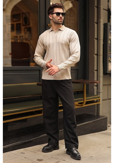 Madmext Taş Rengi Polo Yaka Desenli Over Fit Erkek Triko Kazak E7517
