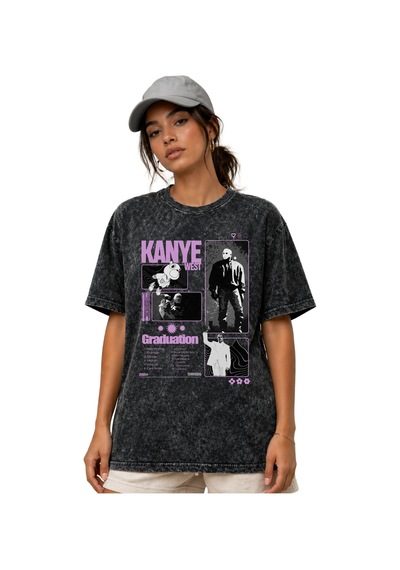 Sevbano Kanye West Rapper Şarkıcı Ön Baskılı Unisex Oversize Vintage Yıka Siyah