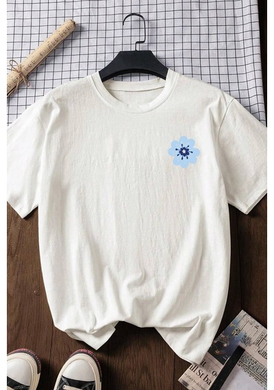 Spoyi Botanic Tasarımlı %100 Pamuk Yarım Oversize Beyaz T-shirt