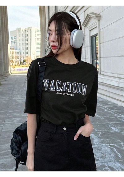 Unisex Siyah Oversize Vacation Baskılı Örme T-shirt Siyah-56856