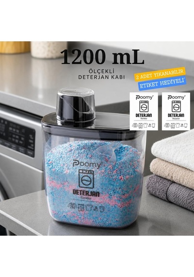 Poomy 1200 Ml Ölçekli Deterjan Kabı, Şeffaf Deterjan Saklama Kutusu, Kapaklı Çamaşır Deterjan Organizeri, Etiket Diğer