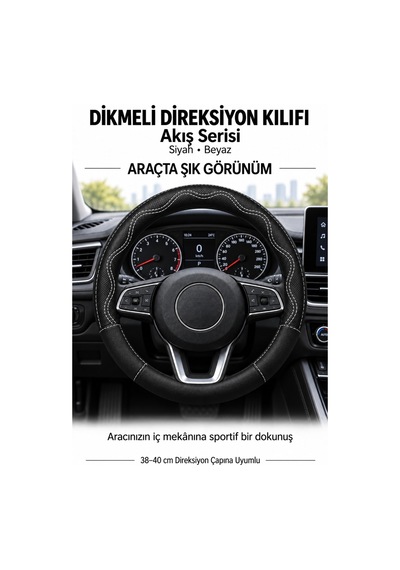 Trobus Ford Transit Connect 2002-2013 Uyumlu Dikmeli Direksiyon Kılıfı Akış Siyah Beyaz Siyah - Beyaz