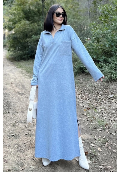 WeShaya Kadın Gri Polo Yaka, Uzun Kol, Cepli, Yırtmaçlı, Salaş, Maksi Boy, Örme Elbise Gri