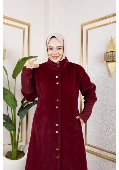 Hb Harma Time Butik Kadın Astarlı Angora Düğmeli Bordo Kaban